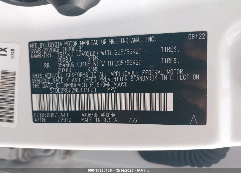 2022 TOYOTA HIGHLANDER HYBRID PLATINUM VIN: 5TDEBRCH2NS101809