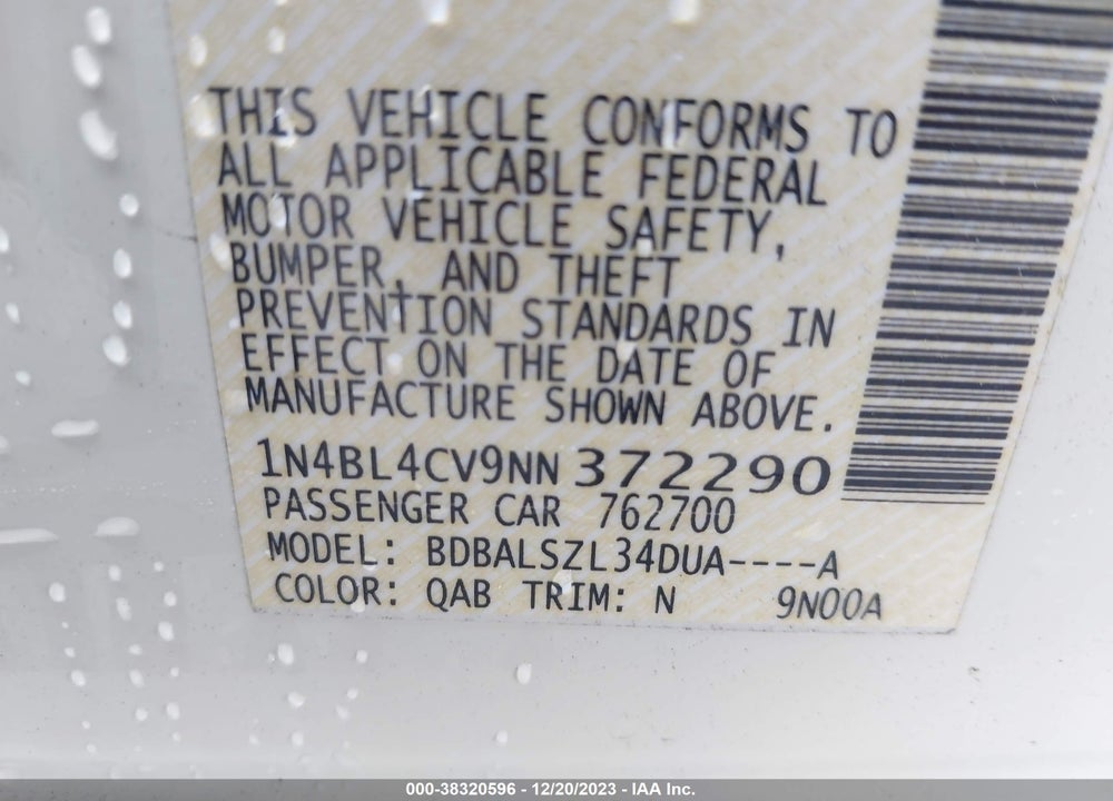 2022 NISSAN ALTIMA SR FWD VIN: 1N4BL4CV9NN372290