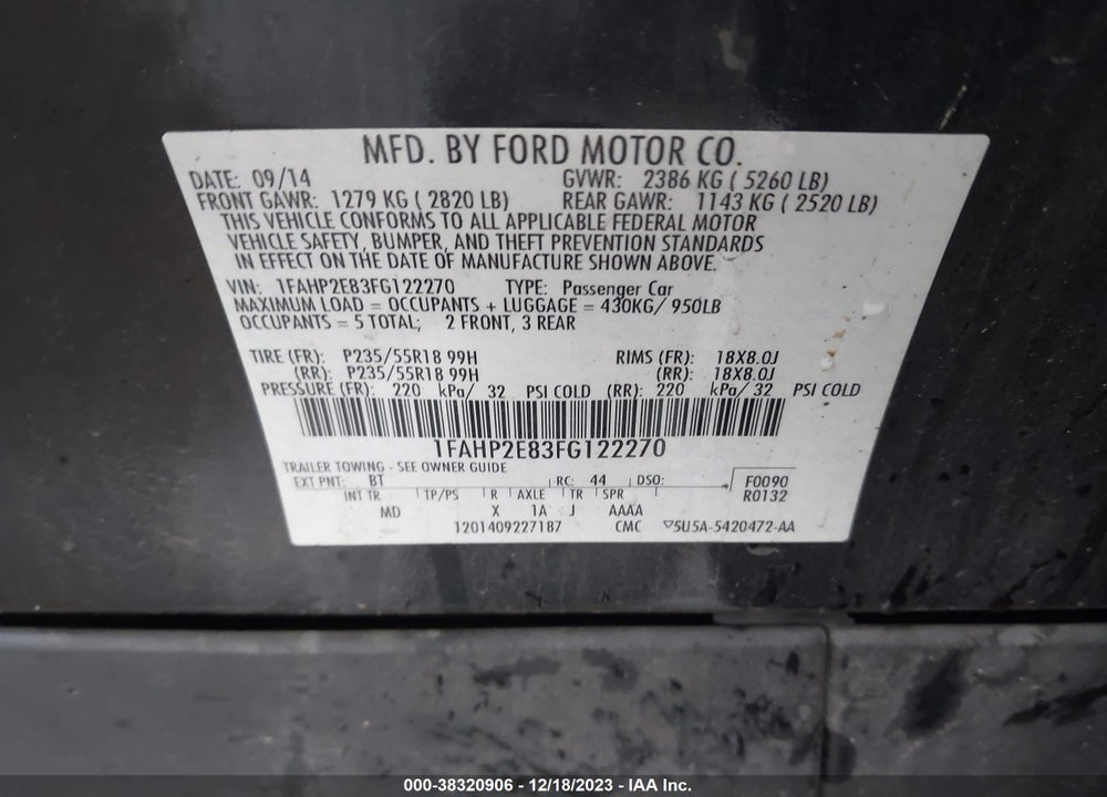 2015 FORD TAURUS SEL VIN: 1FAHP2E83FG122270
