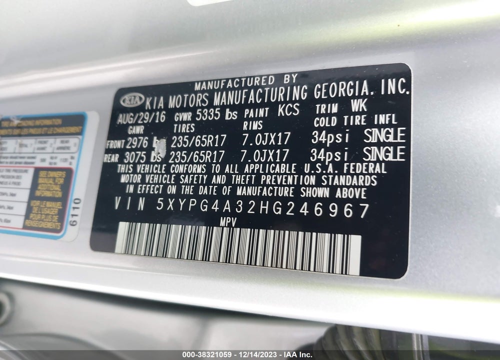 2017 KIA SORENTO 2.4L LX VIN: 5XYPG4A32HG246967