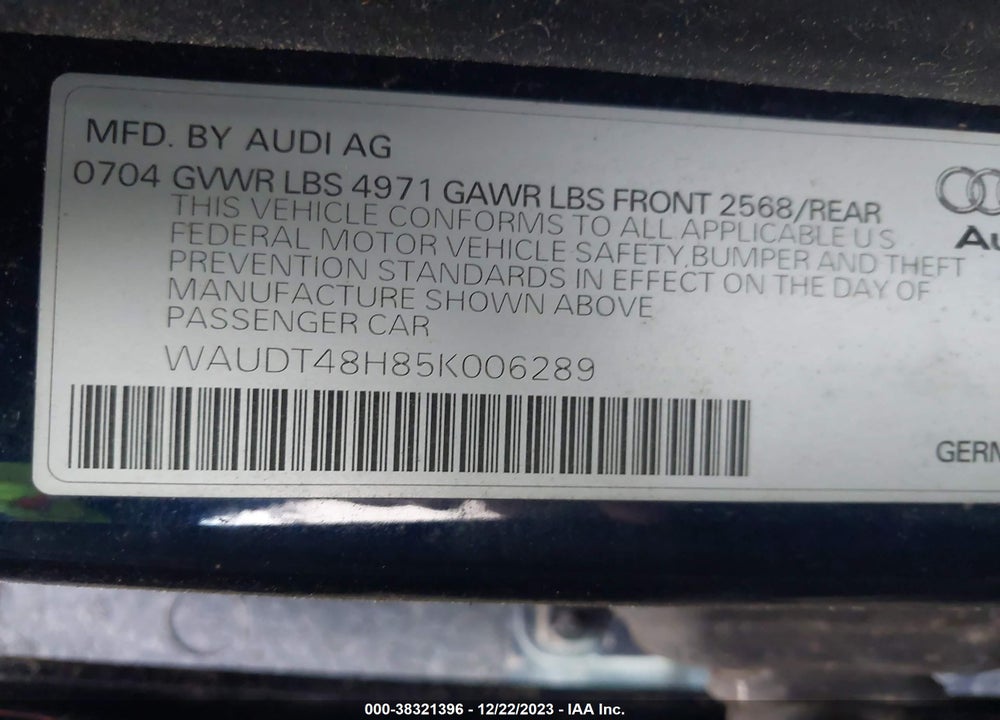 2005 AUDI A4 3.0L VIN: WAUDT48H85K006289
