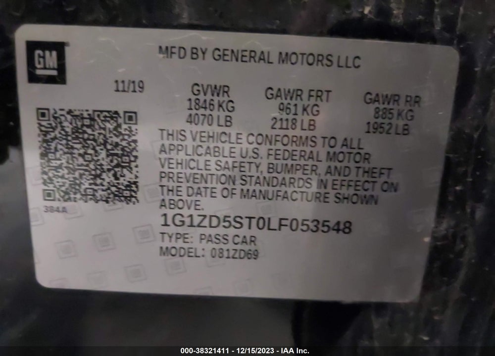 2020 CHEVROLET MALIBU FWD LT VIN: 1G1ZD5ST0LF053548