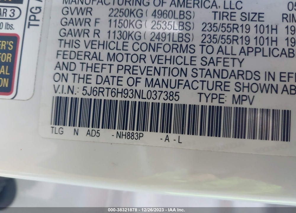 2022 HONDA CR-V HYBRID TOURING VIN: 5J6RT6H93NL037385