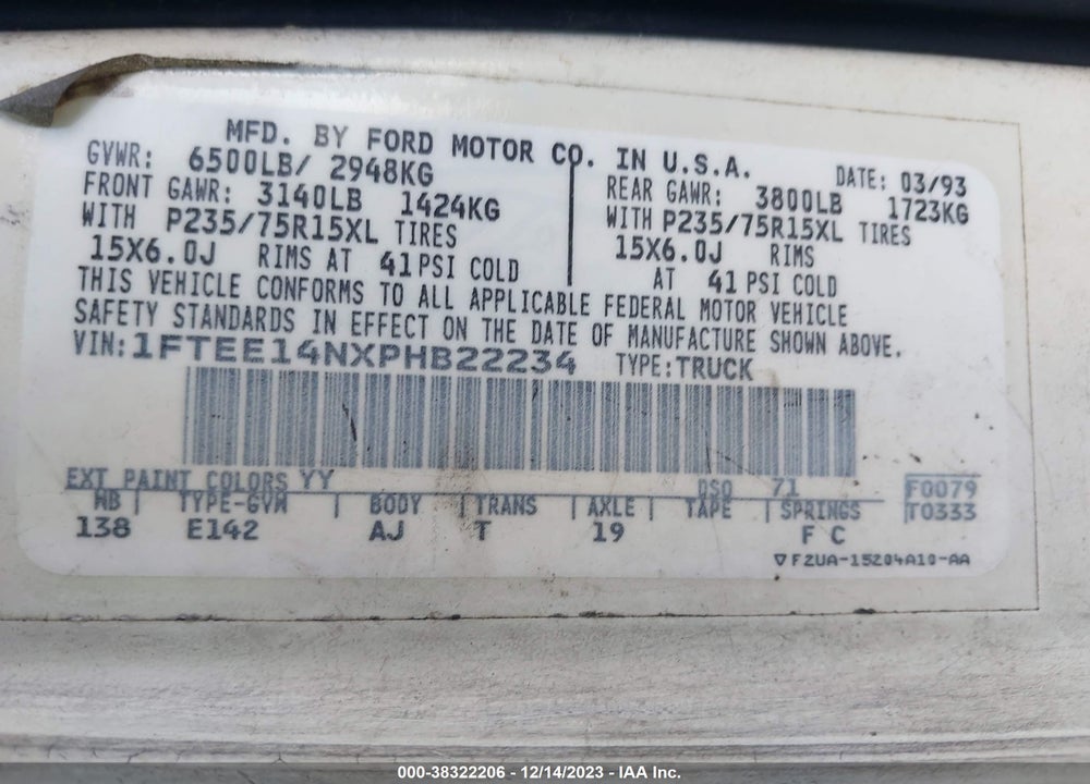 1993 FORD ECONOLINE E150 VAN VIN: 1FTEE14NXPHB22234