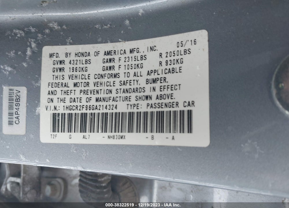 2016 HONDA ACCORD EX-L VIN: 1HGCR2F96GA214324