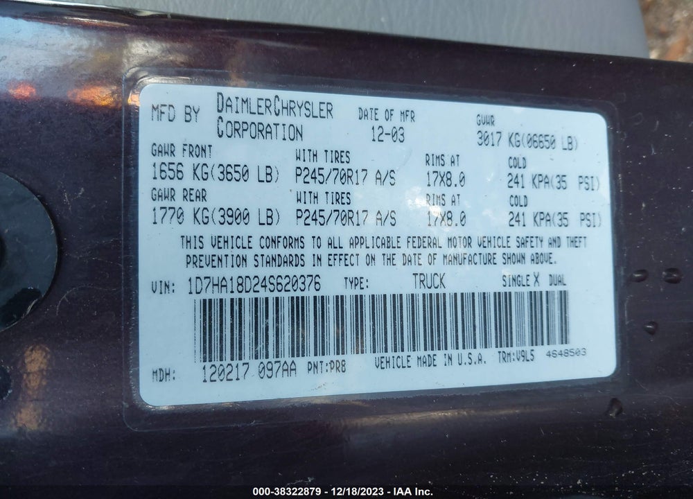 2004 DODGE RAM 1500 SLT/LARAMIE VIN: 1D7HA18D24S620376