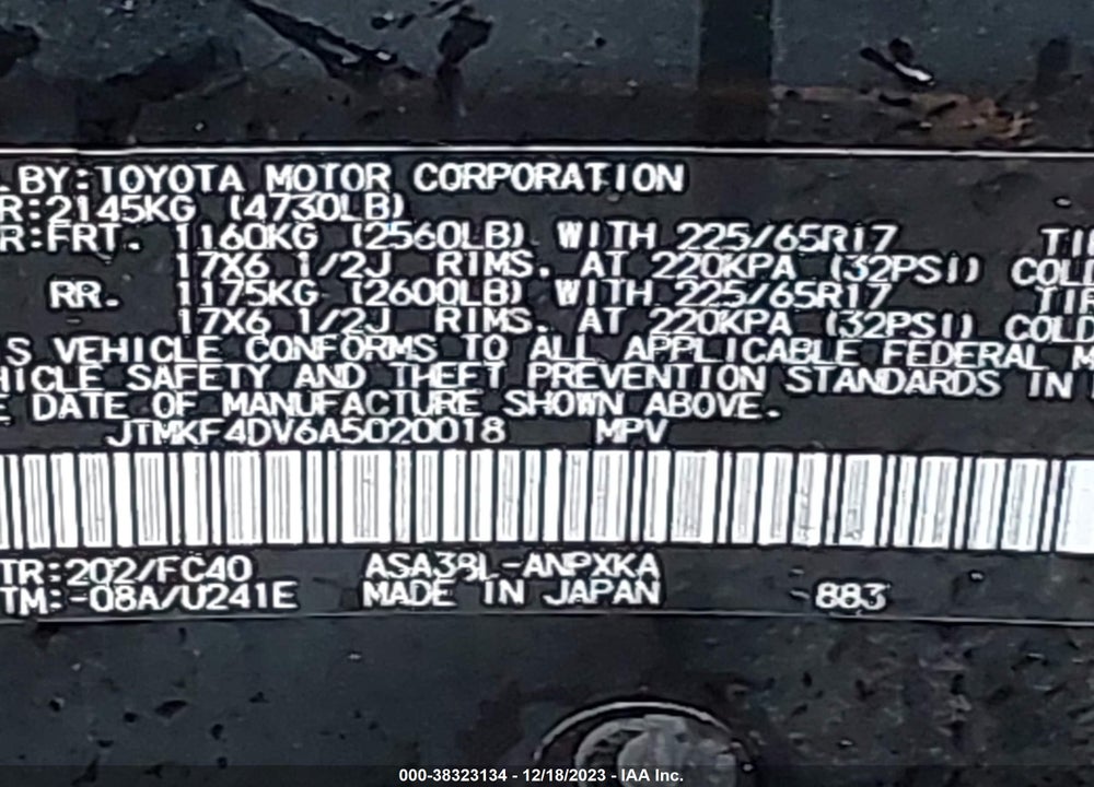 2010 TOYOTA RAV4 VIN: JTMKF4DV6A5020018