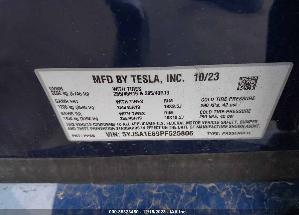 2023 TESLA MODEL S PLAID TRI MOTOR ALL-WHEEL DRIVE VIN: 5YJSA1E69PF525806