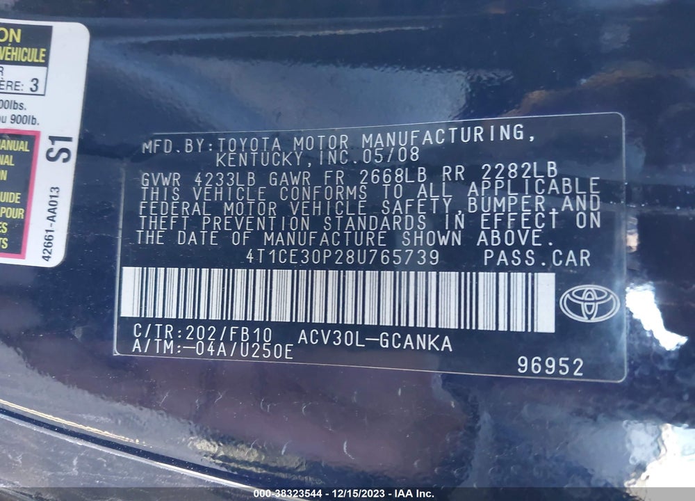 2008 TOYOTA CAMRY VIN: 4T1CE30P28U765739