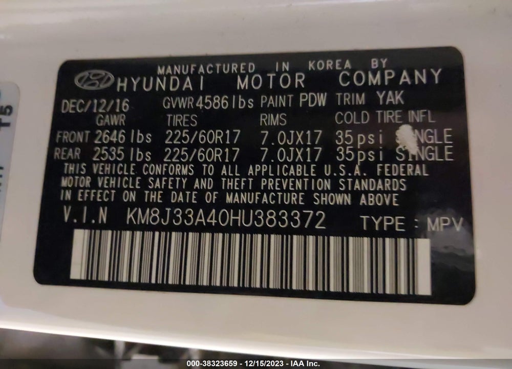 2017 HYUNDAI TUCSON SE VIN: KM8J33A40HU383372