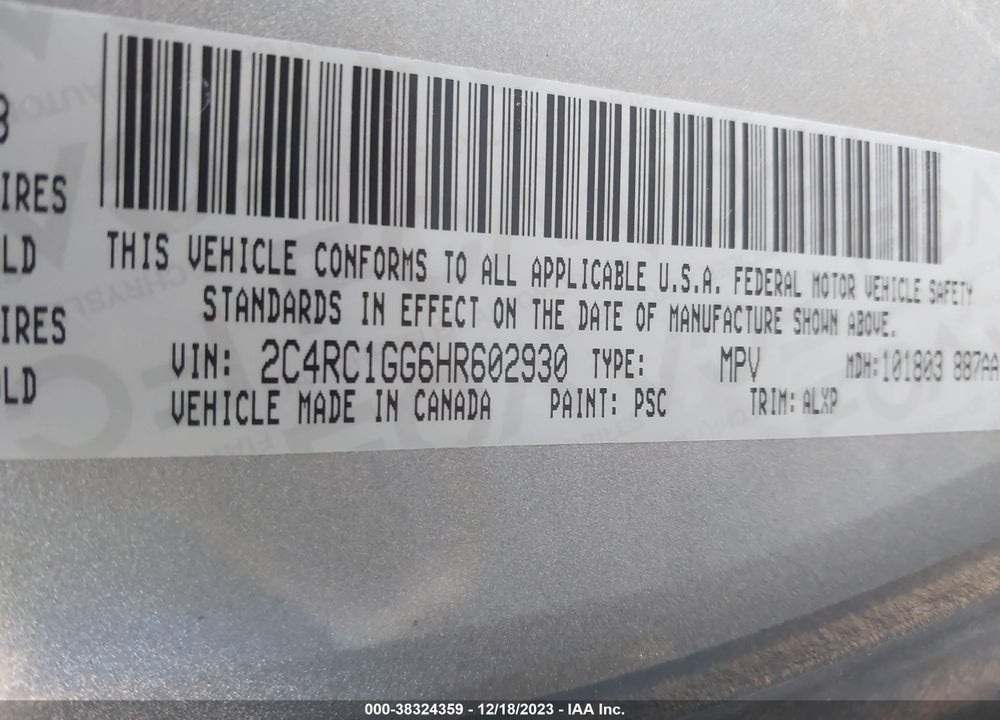 2017 CHRYSLER PACIFICA LIMITED VIN: 2C4RC1GG6HR602930