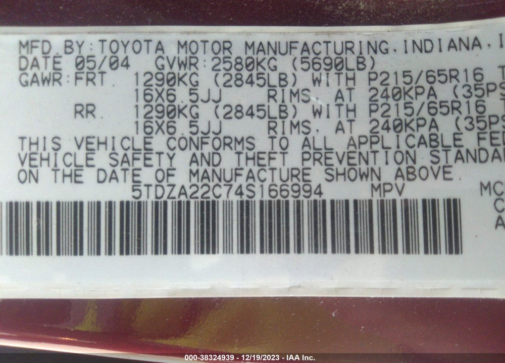 2004 TOYOTA SIENNA VIN: 5TDZA22C74S166994