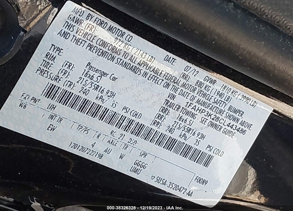 2012 FORD FOCUS VIN: 1FAHP3K28CL443486