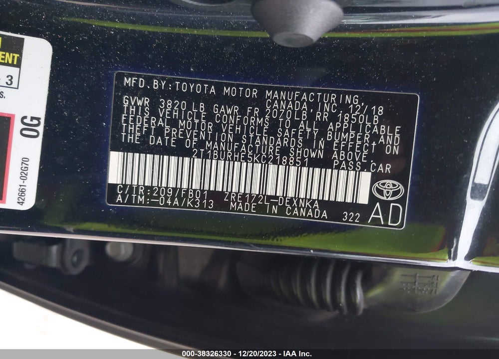 2019 TOYOTA COROLLA LE VIN: 2T1BURHE5KC218851