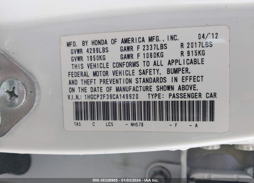 2012 HONDA ACCORD 2.4 LX VIN: 1HGCP2F39CA149920