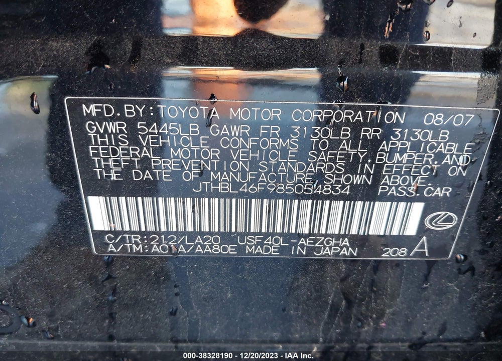 2008 LEXUS LS 460 VIN: JTHBL46F985054834