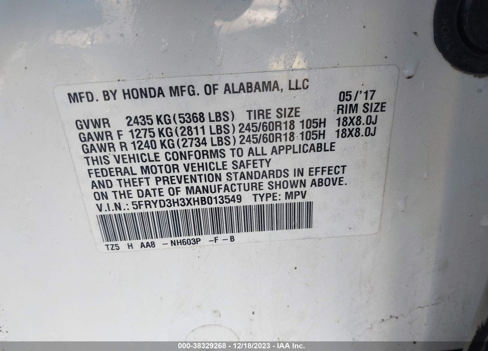 2017 ACURA MDX VIN: 5FRYD3H3XHB013549