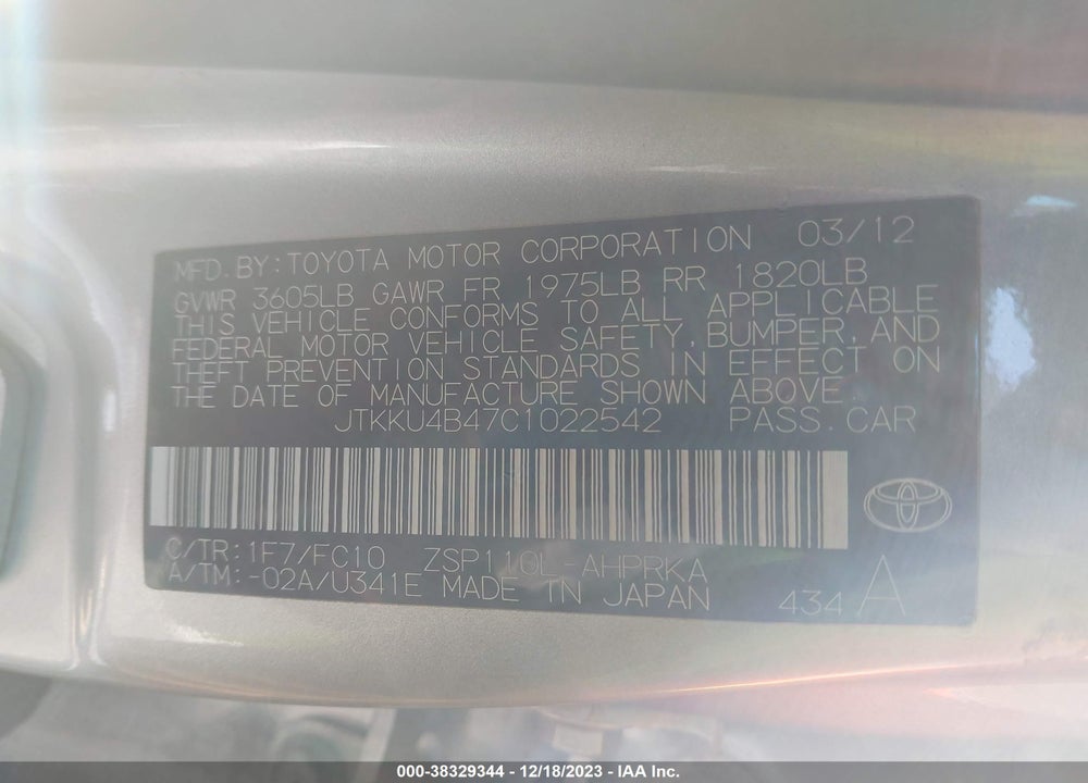 2012 SCION XD VIN: JTKKU4B47C1022542