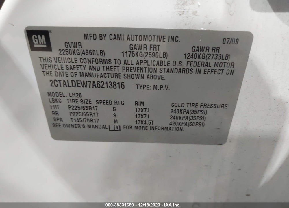 2010 GMC TERRAIN SLE-2 VIN: 2CTALDEW7A6213816