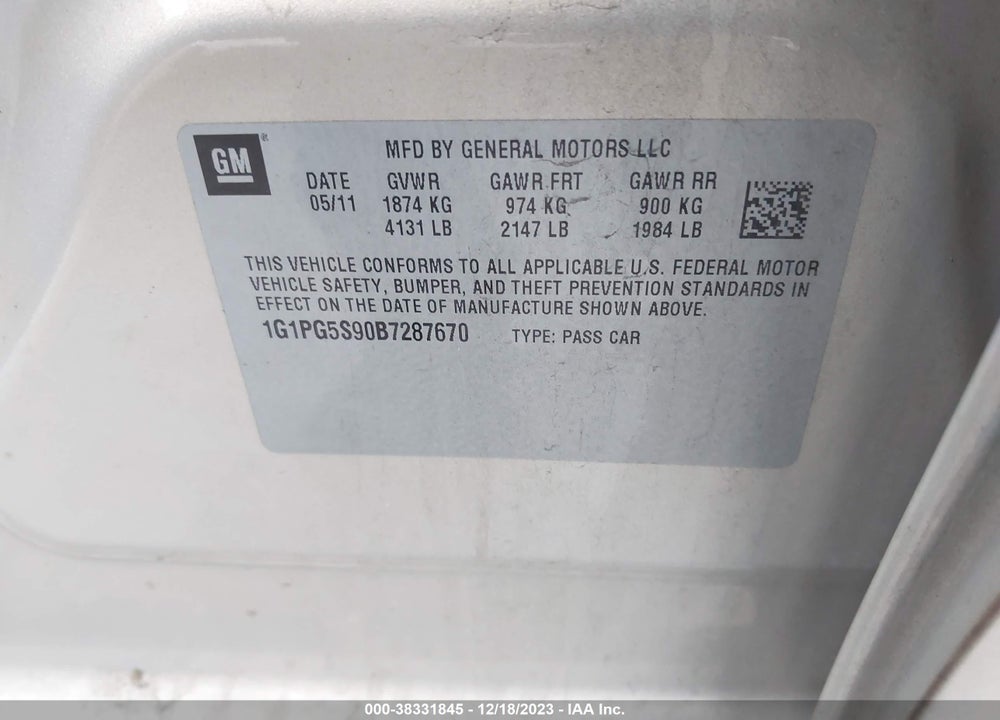 2011 CHEVROLET CRUZE 2LT VIN: 1G1PG5S90B7287670