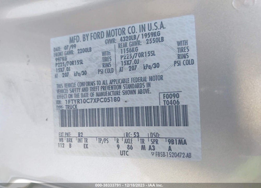 1999 FORD RANGER XL/XLT VIN: 1FTYR10C7XPC05180