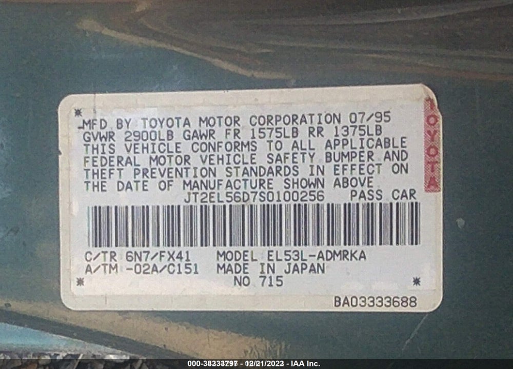1995 TOYOTA TERCEL DX VIN: JT2EL56D7S0100256