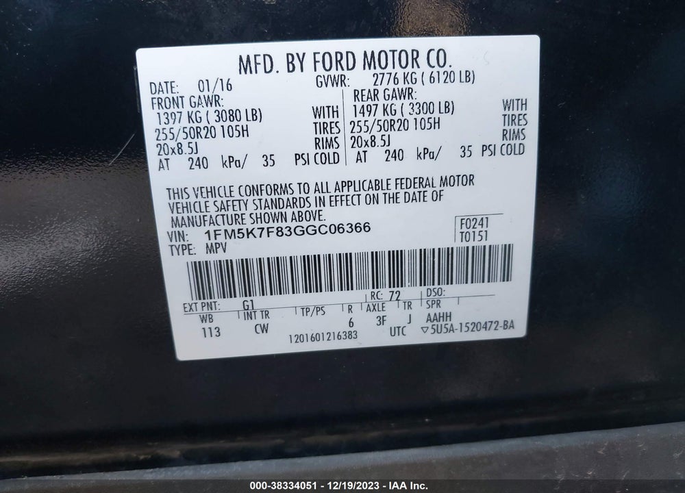 2016 FORD EXPLORER LIMITED VIN: 1FM5K7F83GGC06366
