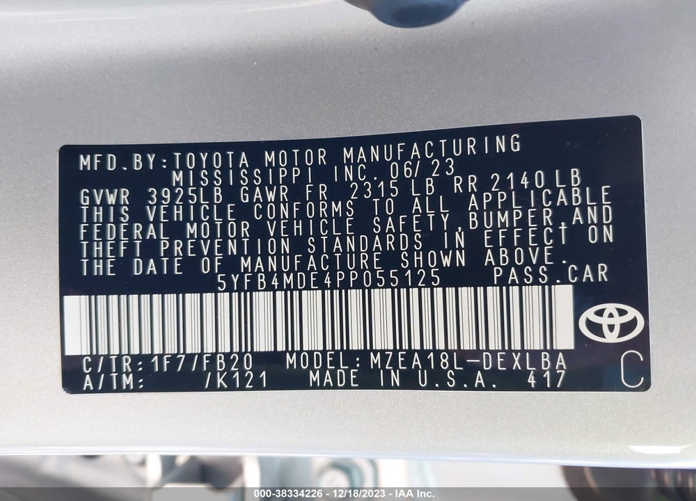2023 TOYOTA COROLLA LE VIN: 5YFB4MDE4PP055125