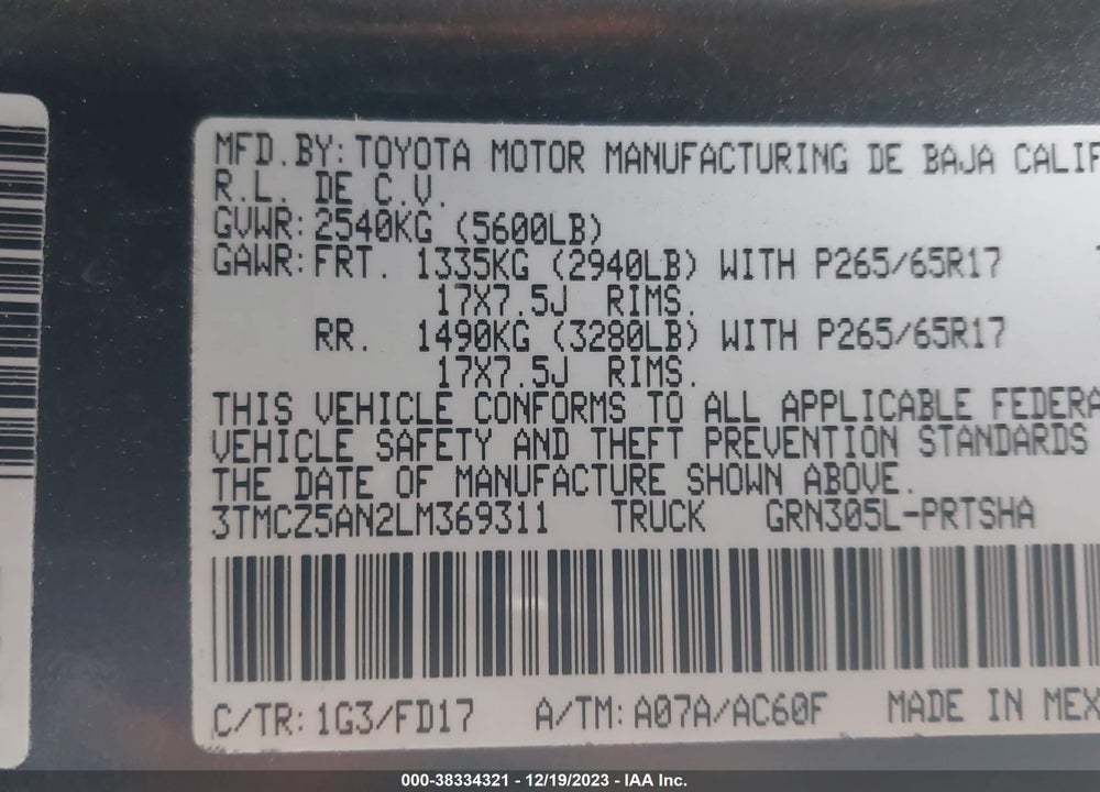 2020 TOYOTA TACOMA VIN: 3TMCZ5AN2LM369311