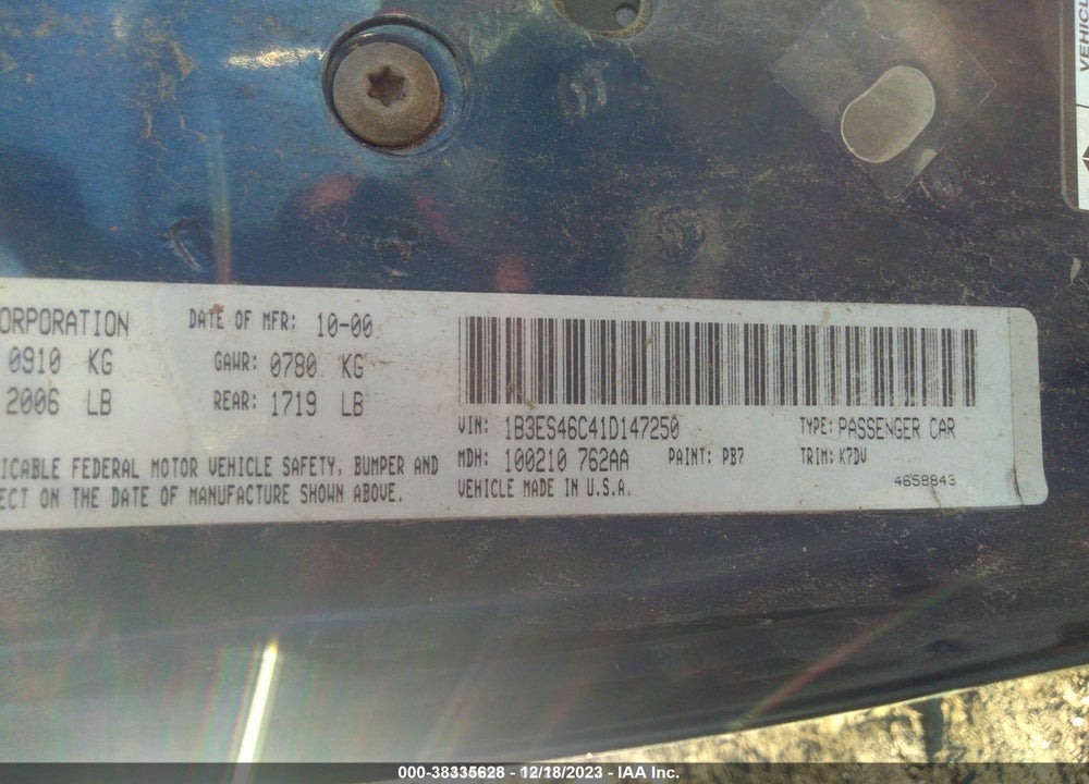 2001 DODGE NEON HIGHLINE VIN: 1B3ES46C41D147250