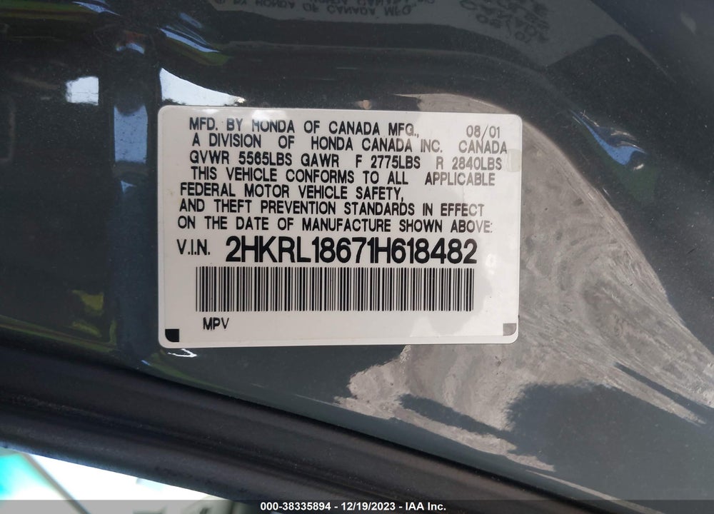 2001 HONDA ODYSSEY EX VIN: 2HKRL18671H618482