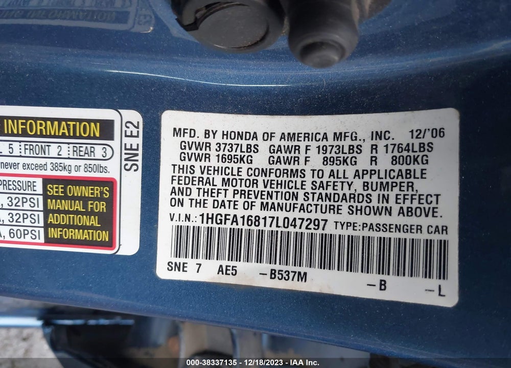 2007 HONDA CIVIC EX VIN: 1HGFA16817L047297