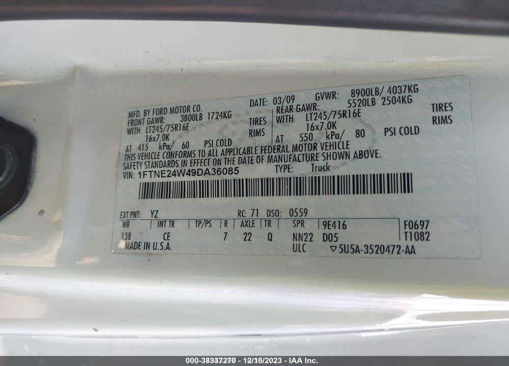 2009 FORD E-250 COMMERCIAL/RECREATIONAL VIN: 1FTNE24W49DA36085