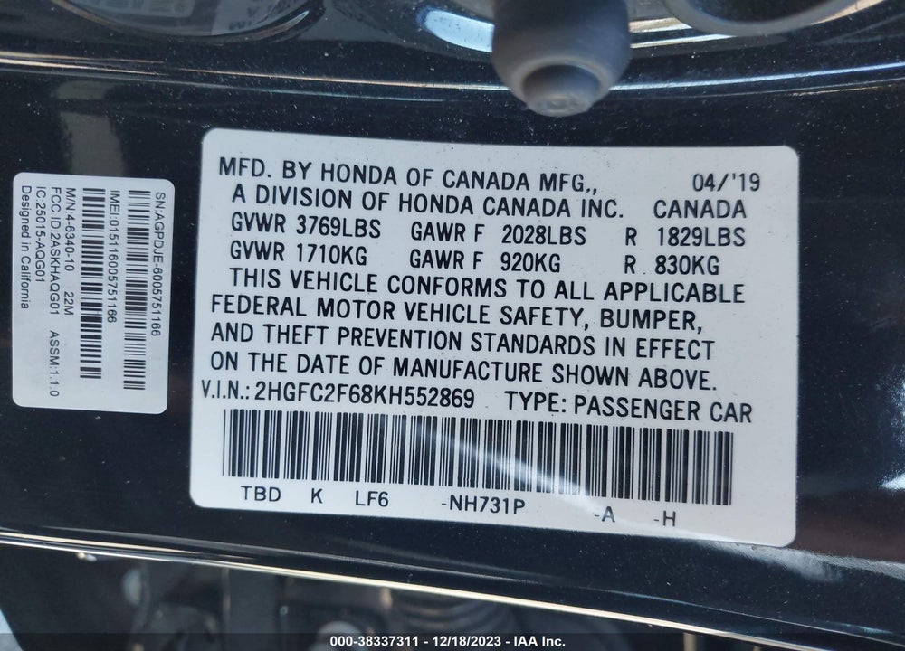 2019 HONDA CIVIC LX VIN: 2HGFC2F68KH552869
