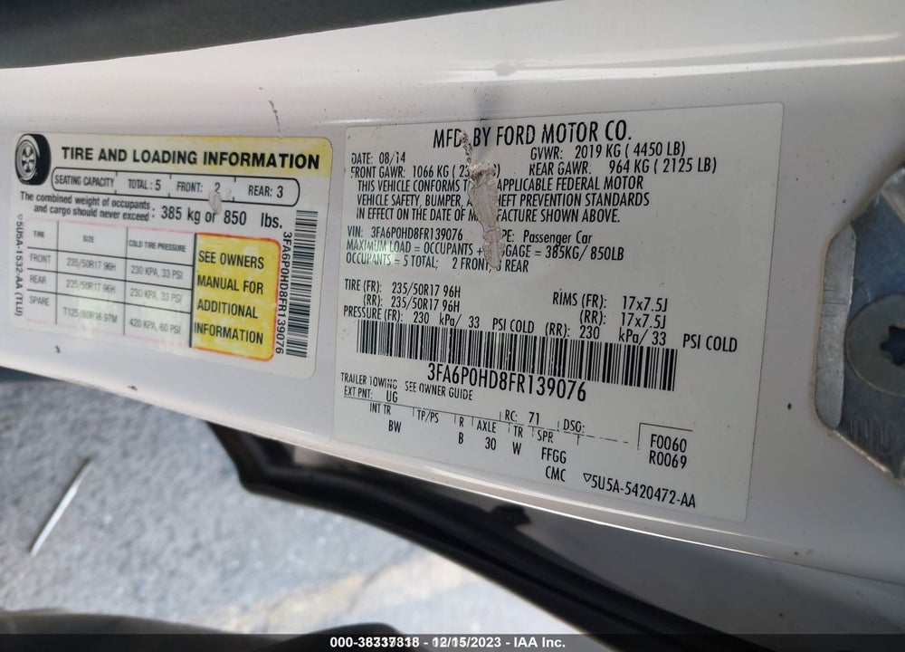 2015 FORD FUSION VIN: 3FA6P0HD8FR139076