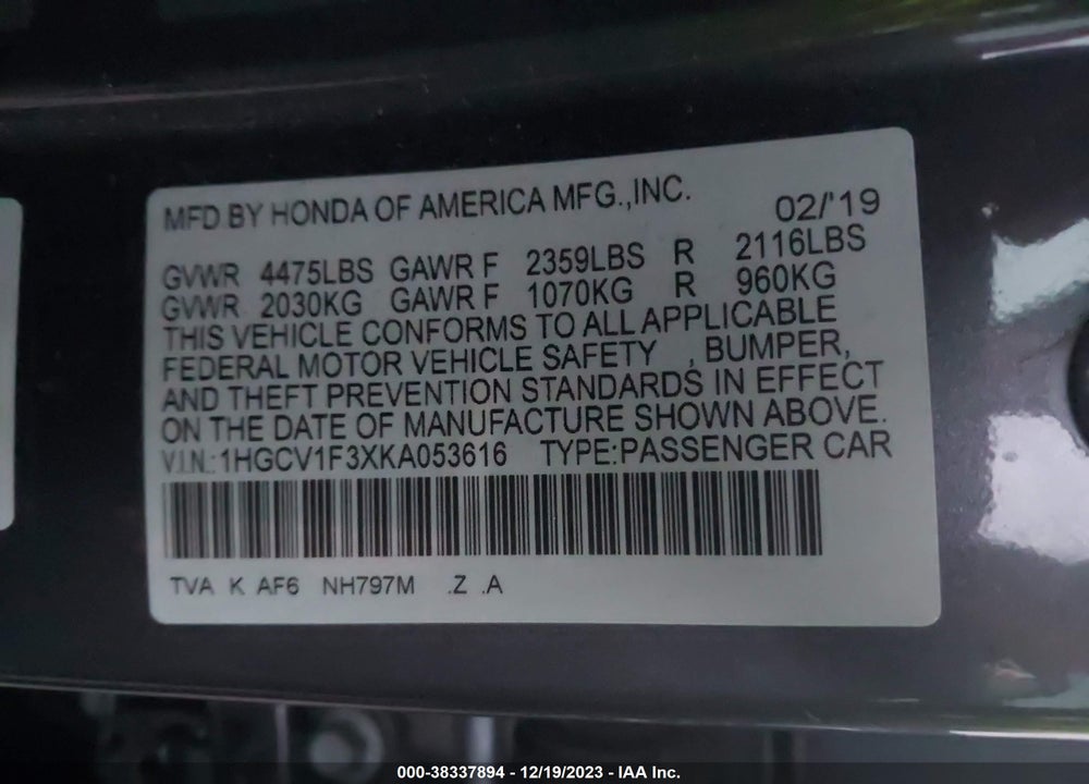 2019 HONDA ACCORD SPORT VIN: 1HGCV1F3XKA053616