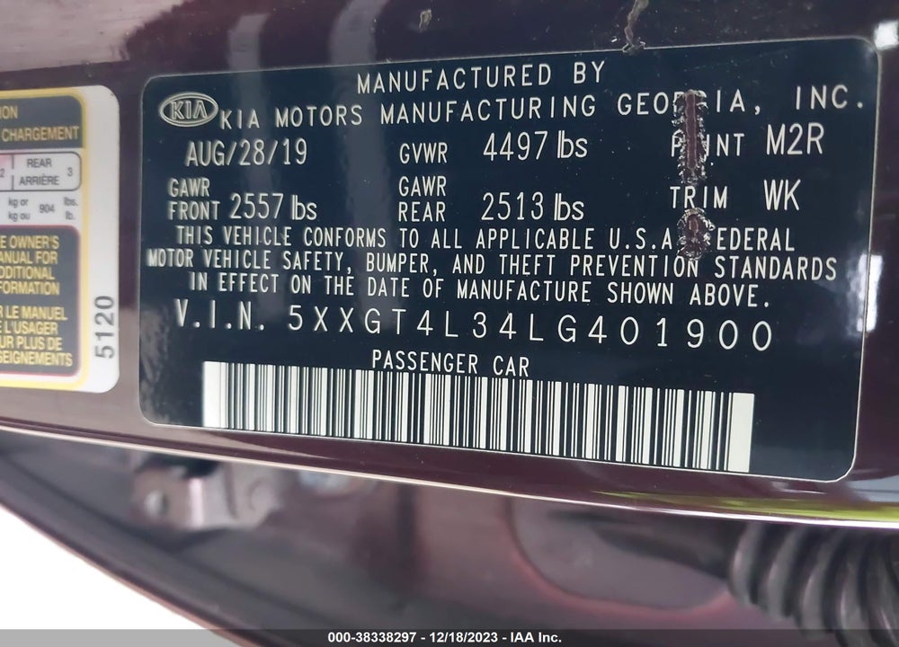 2020 KIA OPTIMA LX VIN: 5XXGT4L34LG401900