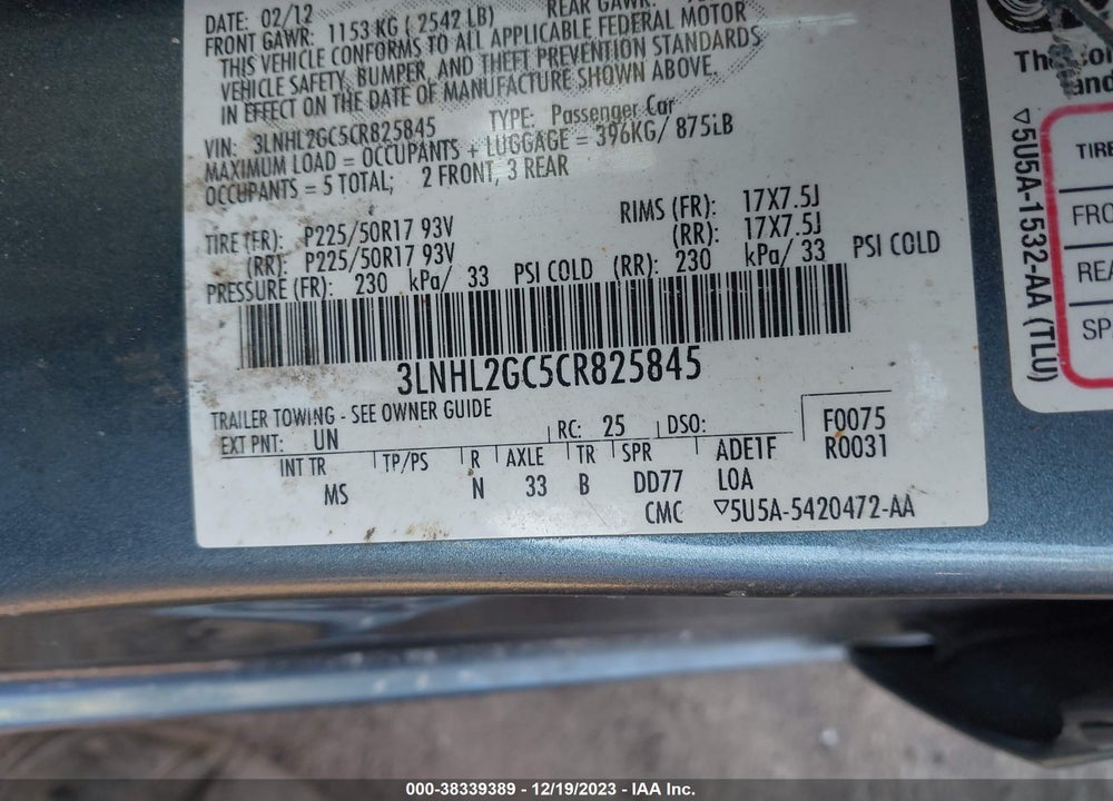 2012 LINCOLN MKZ VIN: 3LNHL2GC5CR825845