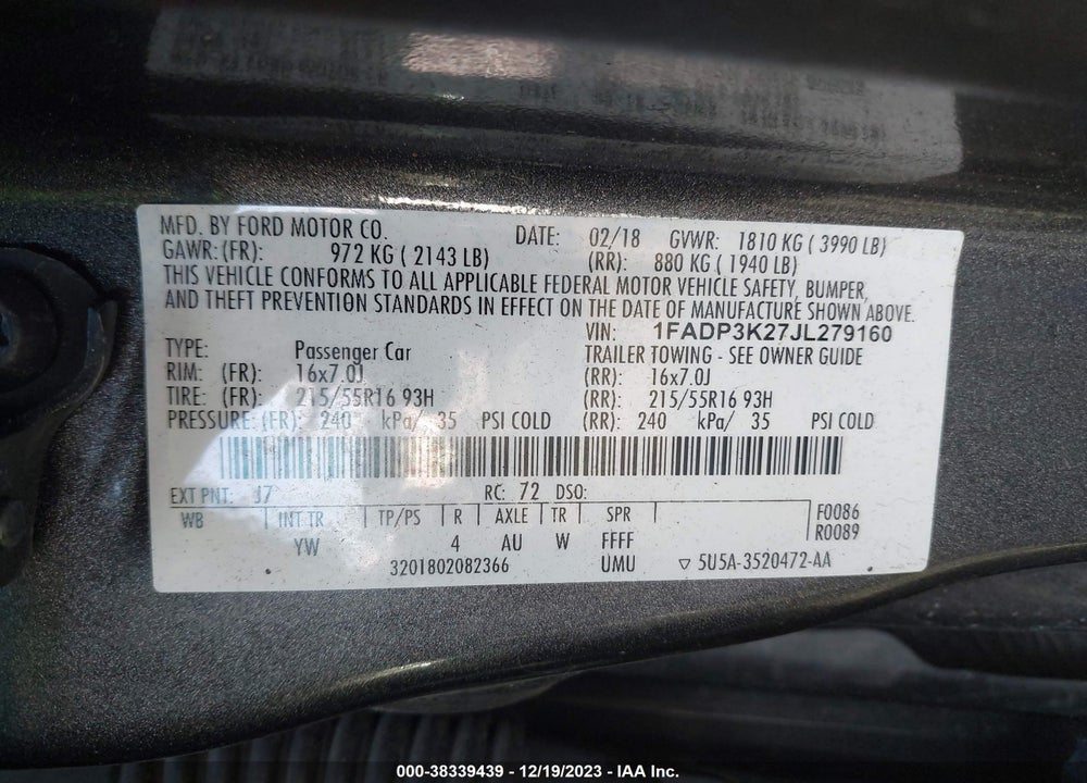 2018 FORD FOCUS SE VIN: 1FADP3K27JL279160