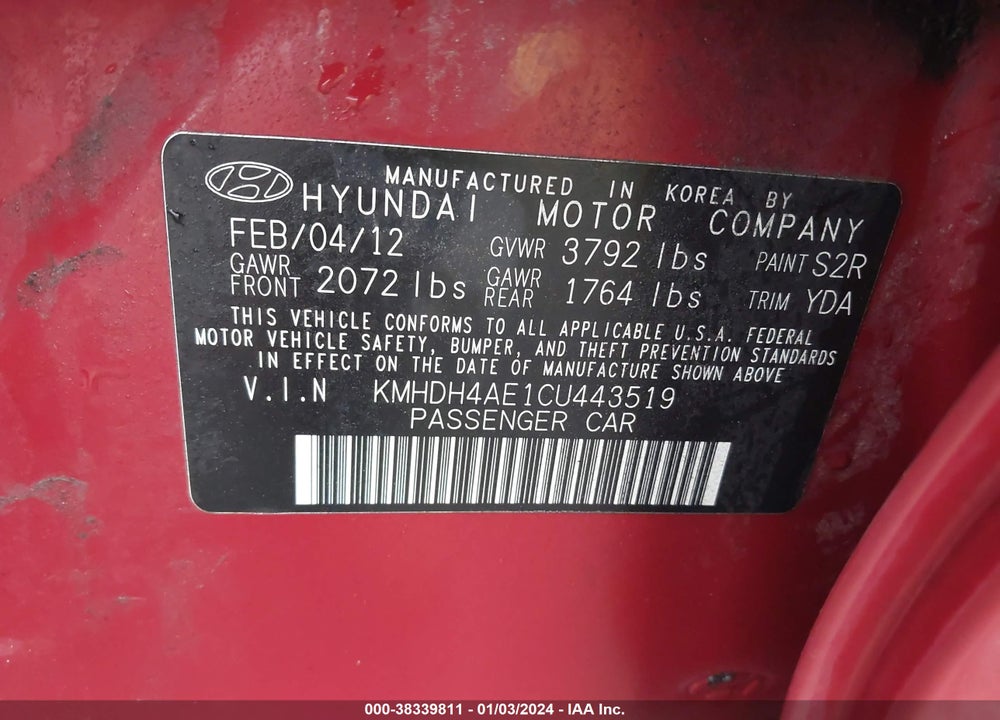 2012 HYUNDAI ELANTRA GLS (ULSAN PLANT) VIN: KMHDH4AE1CU443519