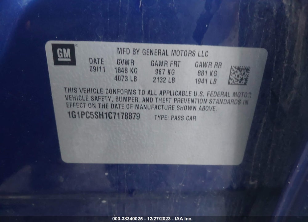 2012 CHEVROLET CRUZE VIN: 1G1PC5SH1C7178879