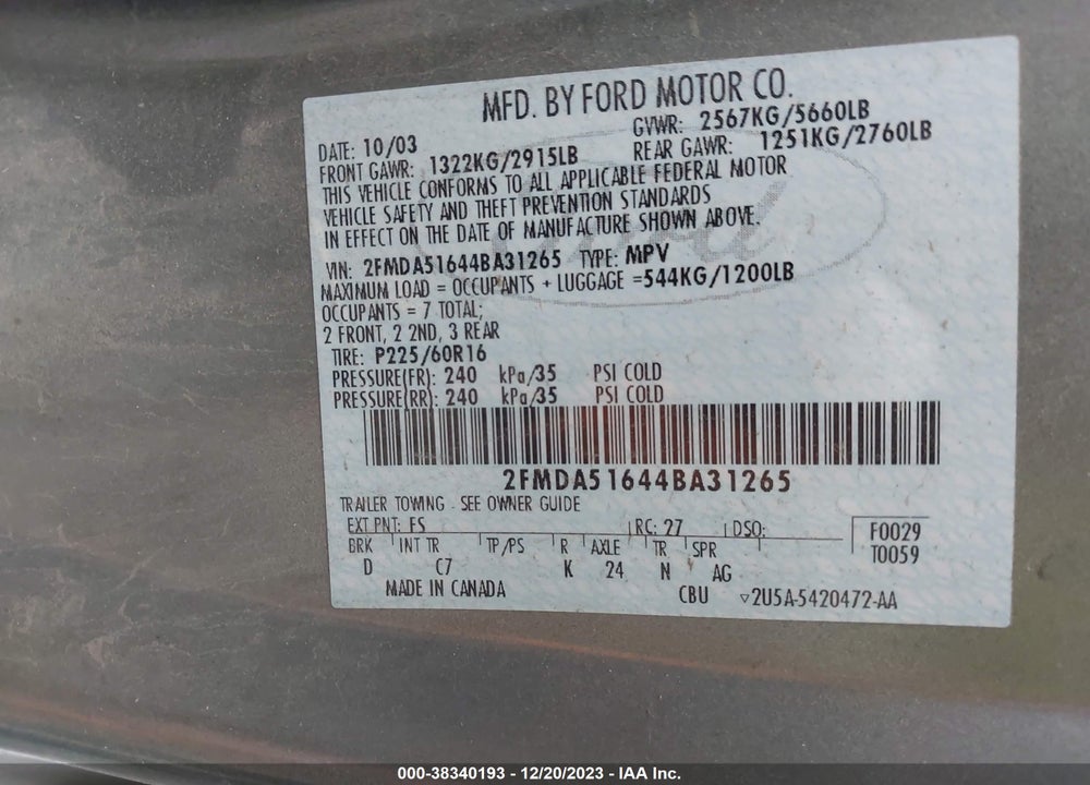 2004 FORD FREESTAR SE VIN: 2FMDA51644BA31265