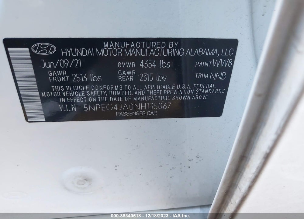 2022 HYUNDAI SONATA SE VIN: 5NPEG4JA0NH135067