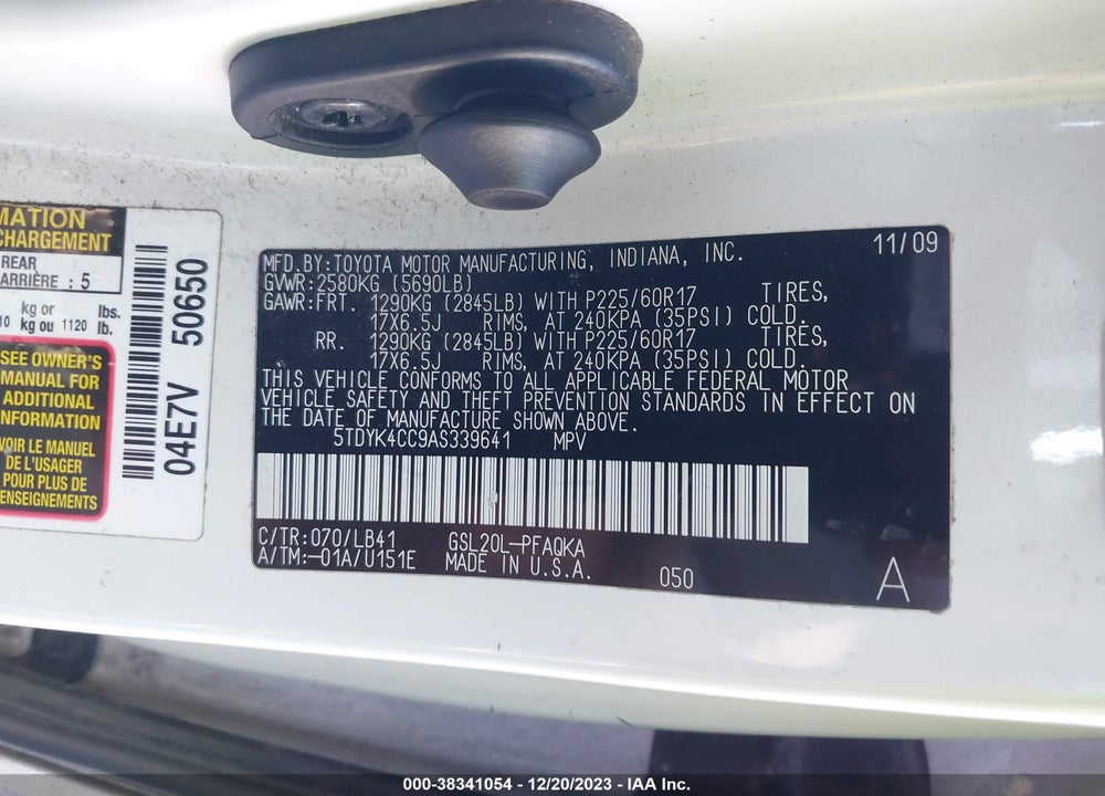 2010 TOYOTA SIENNA XLE VIN: 5TDYK4CC9AS339641