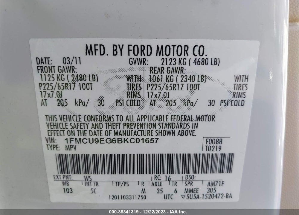 2011 FORD ESCAPE LIMITED VIN: 1FMCU9EG6BKC01657