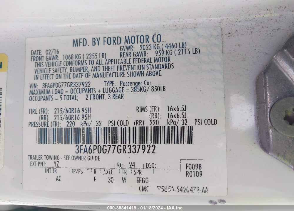 2016 FORD FUSION S VIN: 3FA6P0G77GR337922
