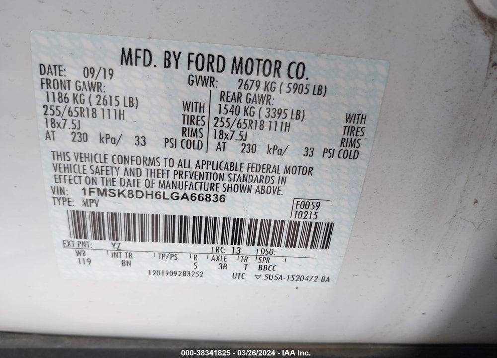 2020 FORD EXPLORER XLT VIN: 1FMSK8DH6LGA66836