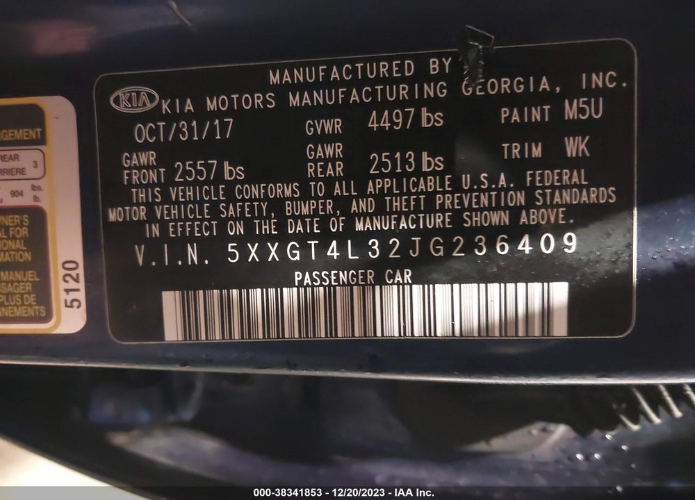 2018 KIA OPTIMA LX VIN: 5XXGT4L32JG236409