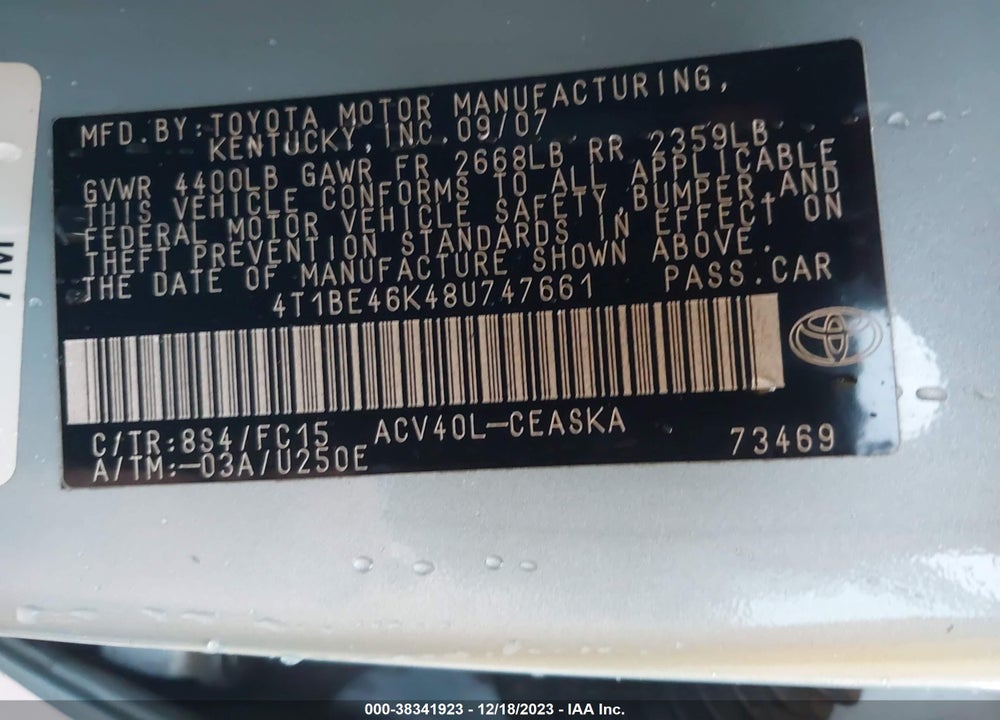 2008 TOYOTA CAMRY SE VIN: 4T1BE46K48U747661