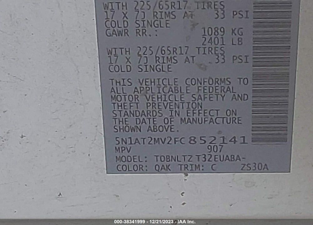 2015 NISSAN ROGUE SV VIN: 5N1AT2MV2FC852141